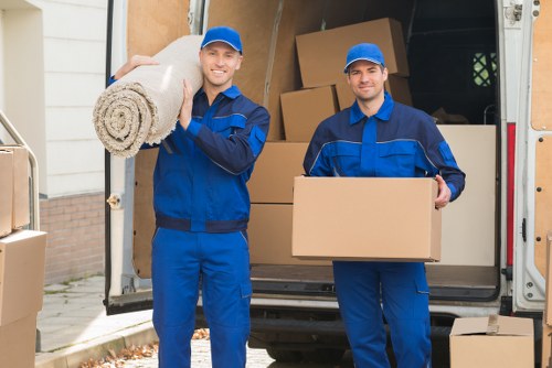 Professional movers managing access and parking on a residential street
