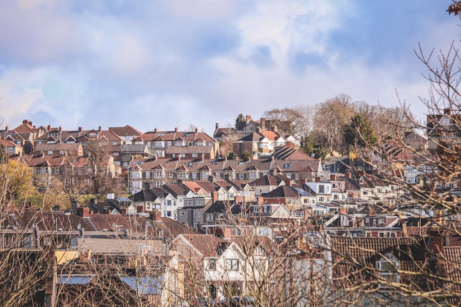 A panoramic view of a residential area showing multiple rows of terraced and semi-detached houses with pitched roofs, some with chimneys, on a hillside during daytime with clear blue sky and scattered clouds. In the foreground, leafless tree branches partially obscure the lower part of the scene, indicating it might be late autumn or winter. The houses vary in color, including shades of white, beige, and grey, with some featuring small front yards or garden fences. The landscape suggests a densely populated urban suburb. This image relates to house removals and moving services provided by Man and Van Welling, illustrating a typical neighbourhood where home relocation, furniture transport, and packing and moving are conducted, with the residential layout demonstrating the context for house removals services in Welling.