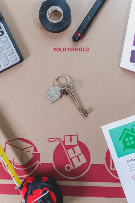 A close-up view of a light brown cardboard moving box with red printed instructions 'FOLD TO HOLD' visible on the surface. The box is placed on a workspace that includes various moving and packing tools and materials. To the top left, there is a roll of black adhesive tape and a black marker pen. Slightly above the center of the image, a silver keyring with a small silver house-shaped keychain and a vintage-style brass key is positioned, indicating preparations for home relocation. To the bottom left of the box, a yellow measuring tape is partially visible, and in the lower part of the image, a red and black retractable tape measure lies on the cardboard. On the right side, a partially visible white printed sheet with green house icons and text relates to moving services or packing instructions. The setting appears inside a property or a moving preparation area, with a focus on packing materials and tools used during furniture transport and moving logistics, consistent with professional removals provided by Man and Van Welling.